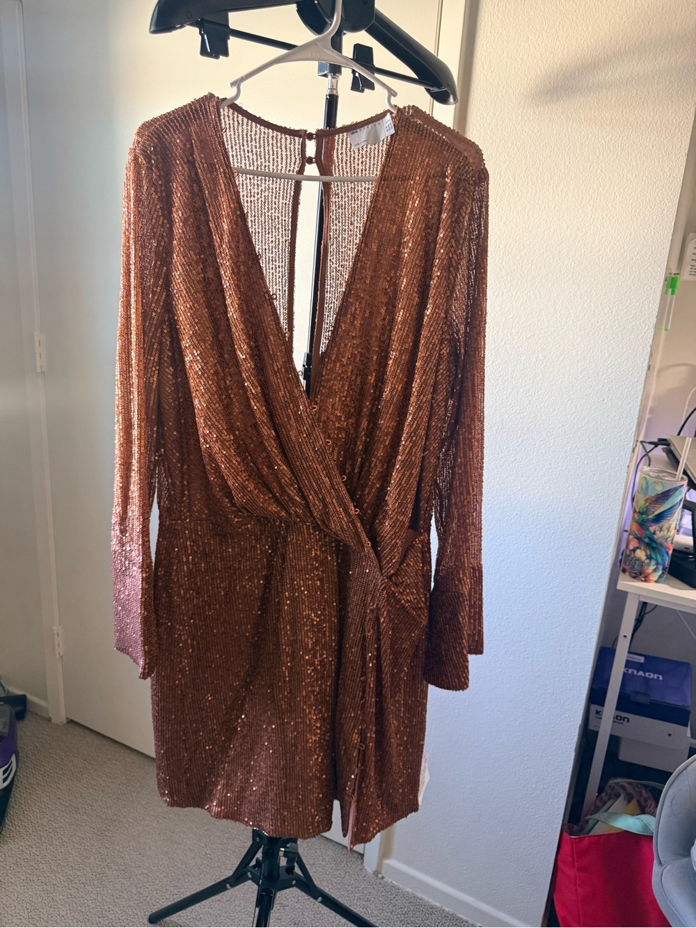 ASOS Copper Sequin Long Sleeve Wrap Dress